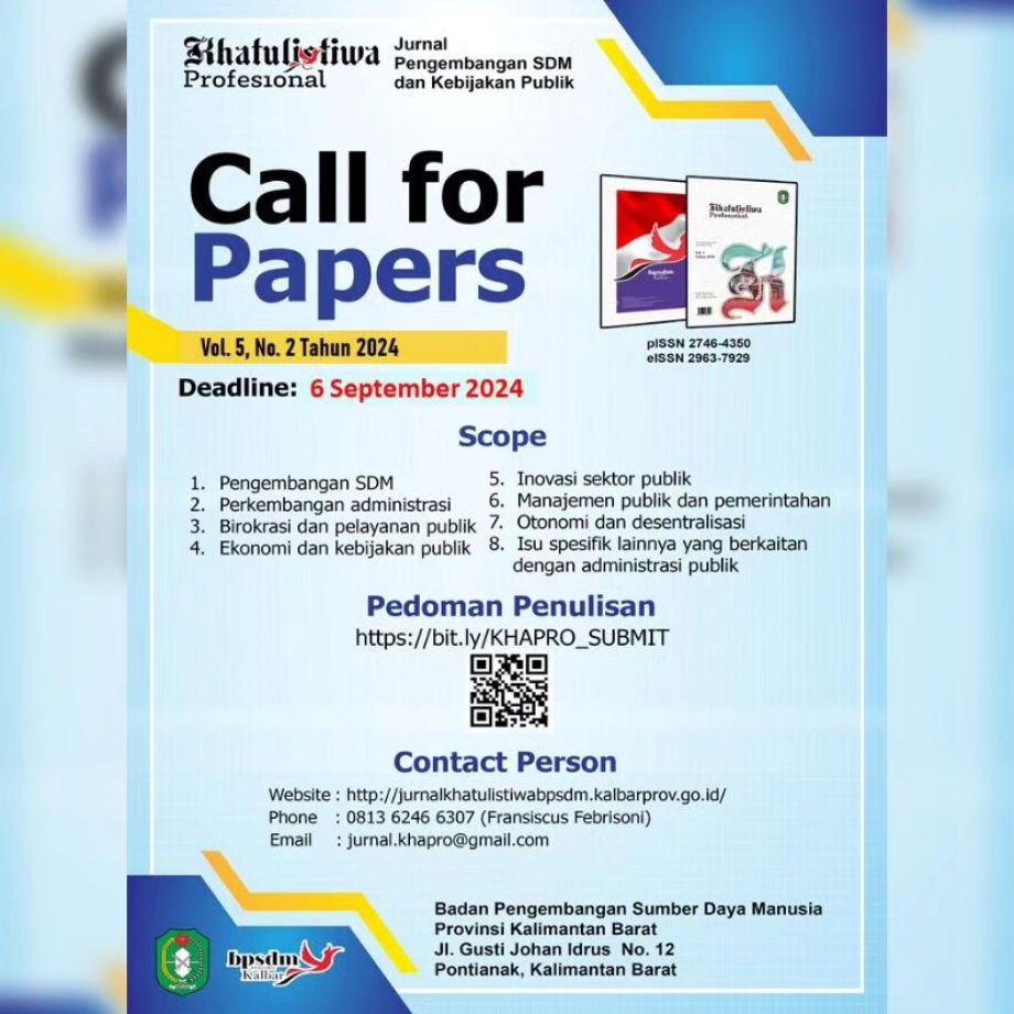 BPSDM Provinsi Kalimantan Barat telah memiliki jurnal ilmiah dengan nama Khatulistiwa Profesional: Jurnal Pengembangan SDM dan Kebijakan Publik.